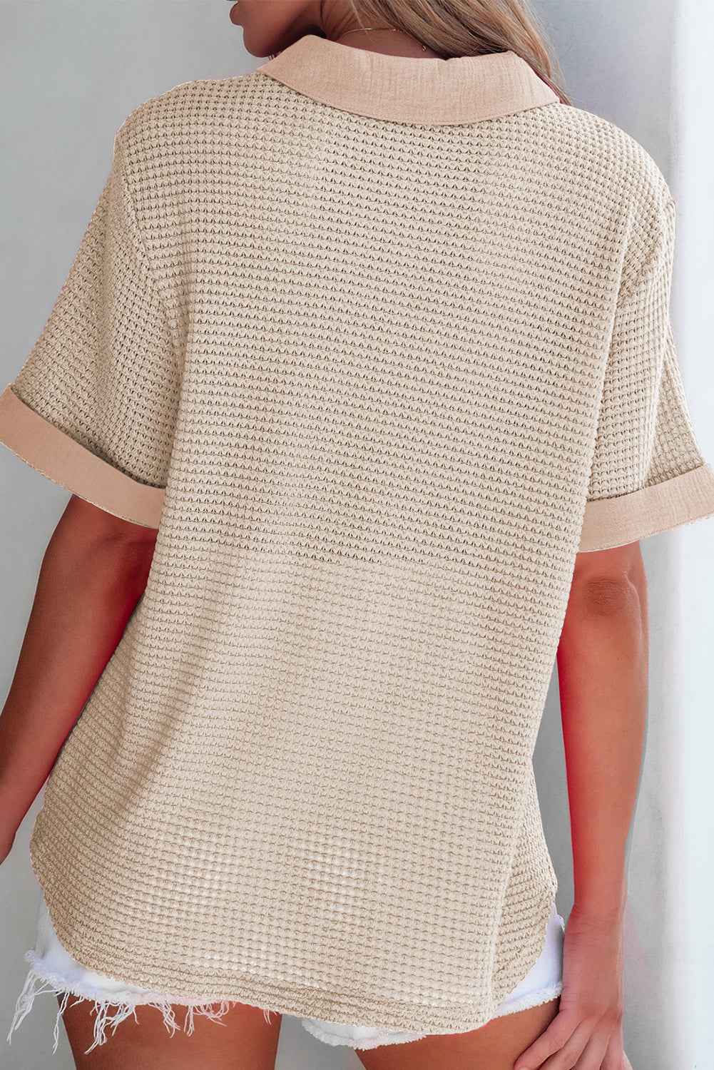 Apricot Gauze Waffle Button Down Short Sleeve Shirt
