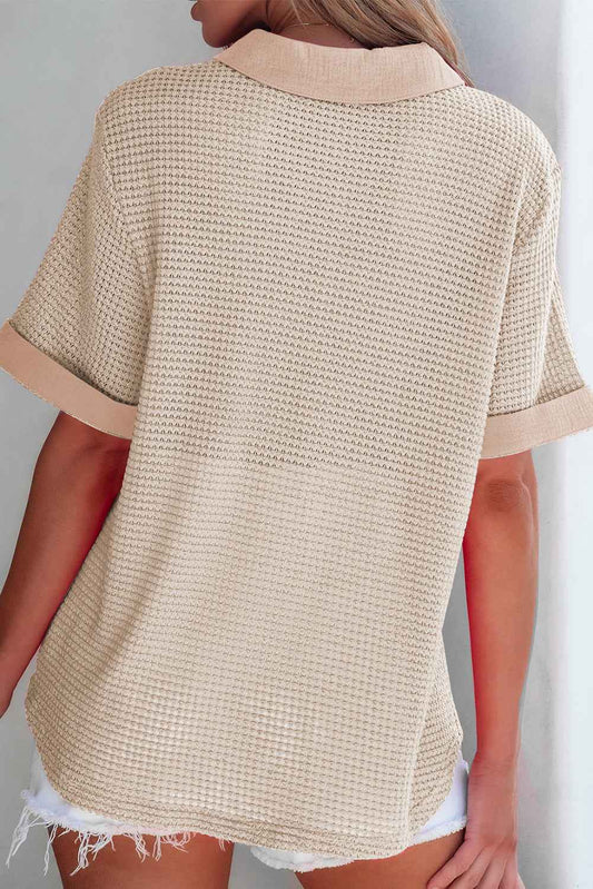 Apricot Gauze Waffle Button Down Short Sleeve Shirt