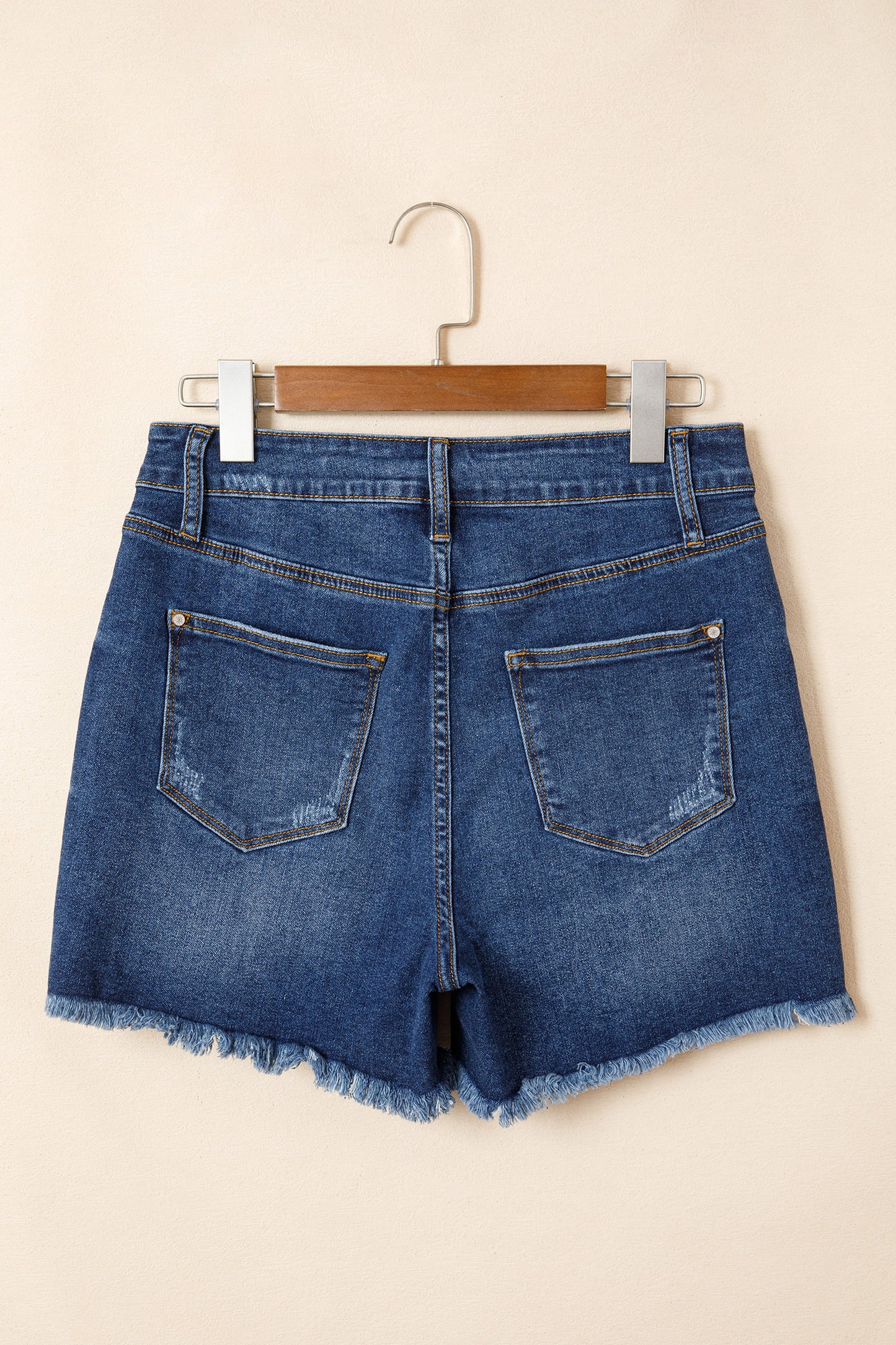 Beau Blue Asymmetric Raw Hem Distressed Whiskery Denim Shorts