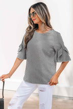 Black Plaid Bow Ruffled Half Sleeve Round Neck Blouse