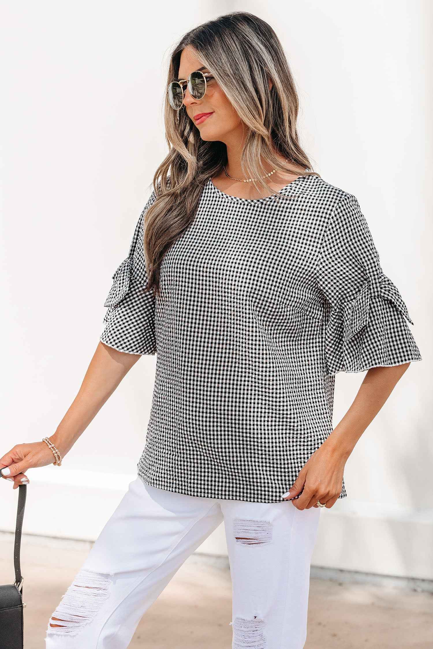Black Plaid Bow Ruffled Half Sleeve Round Neck Blouse