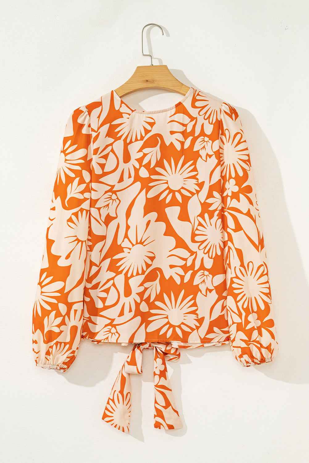 Orange Floral Print Knotted Backless Long Sleeve Blouse