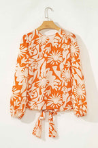 Orange Floral Print Knotted Backless Long Sleeve Blouse
