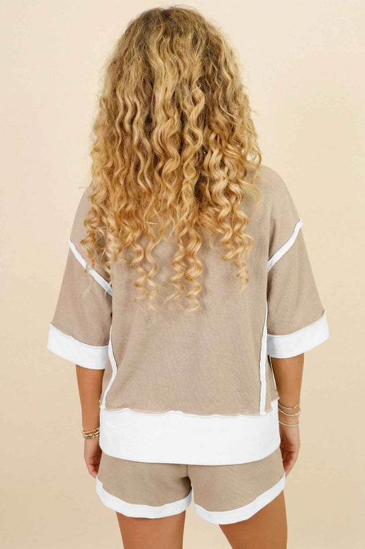 Beige Raw Edge Color Block Patchwork Oversize Tee Drawstring Loose Shorts 2pcs Set