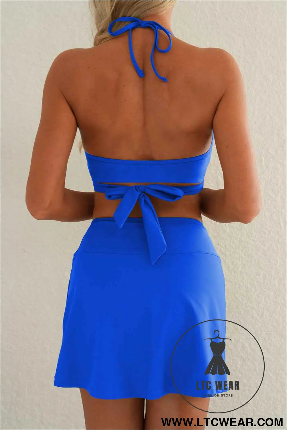 Dark Blue Crossover Tie Back Halter Bikini with Swim Bottoms