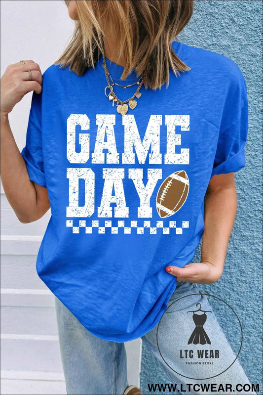 Dark Blue GAME DAY Checkered Print Rugby Graphic T Shirt