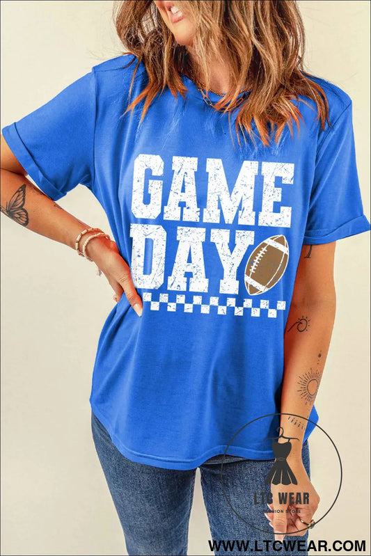 Dark Blue GAME DAY Checkered Print Rugby Graphic T Shirt