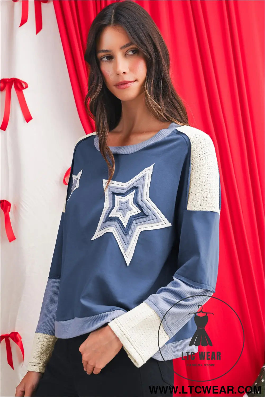 Dark blue knitted colorblock patchwork star patched long sleeve top - 15%