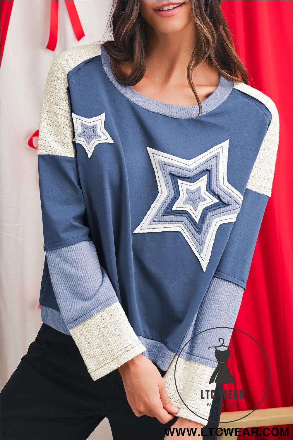 Dark blue knitted colorblock patchwork star patched long sleeve top - dark blue / l / 100% cotton - 15%