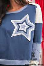 Dark blue knitted colorblock patchwork star patched long sleeve top - 15%