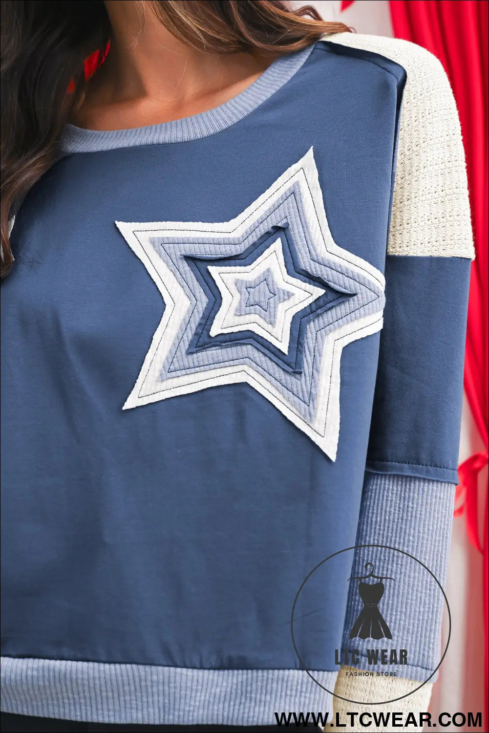 Dark blue knitted colorblock patchwork star patched long sleeve top - 15%