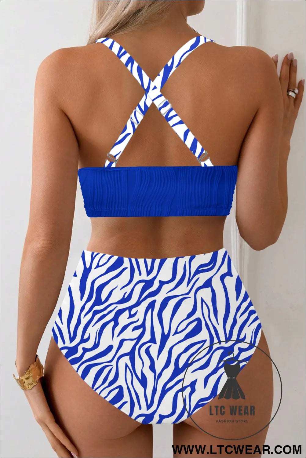 Dark blue shell stitched trim v neck textured mix and match high waist bikinis - bikinis