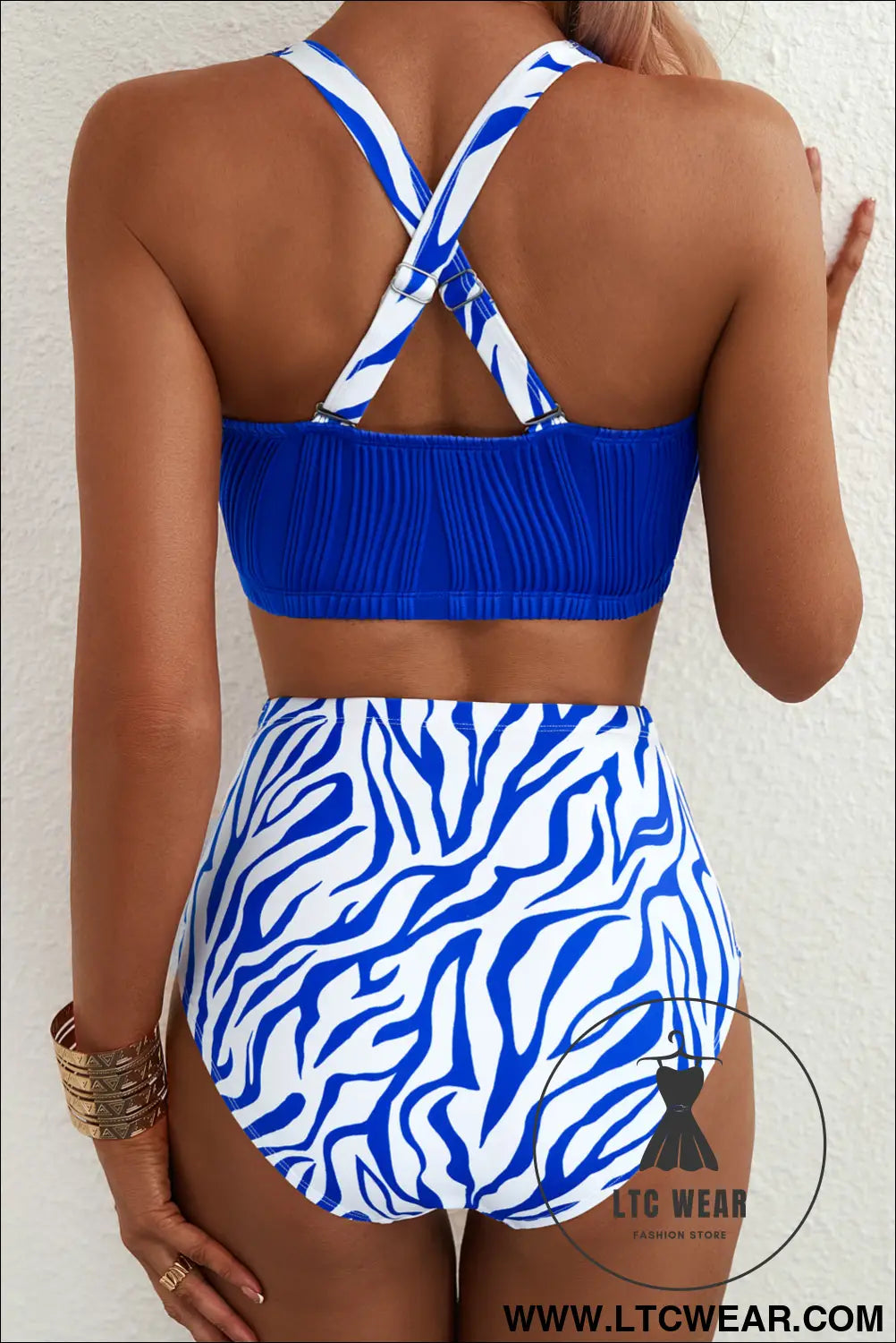 Dark blue shell stitched trim v neck textured mix and match high waist bikinis - bikinis
