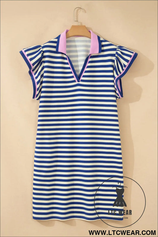 Dark Blue Striped Shift Dress Colorblock V Neck Short Sleeve Casual Summer