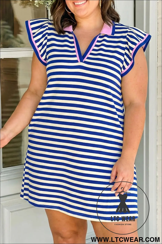 Dark Blue Striped Shift Dress Colorblock V Neck Short Sleeve Casual Summer