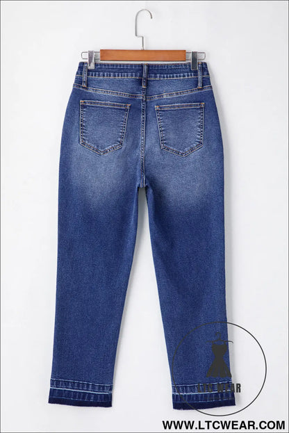 Dark Blue Whiskered Wash Raw Hem Cropped Jeans - L.T.C Wear Online Fashion Store