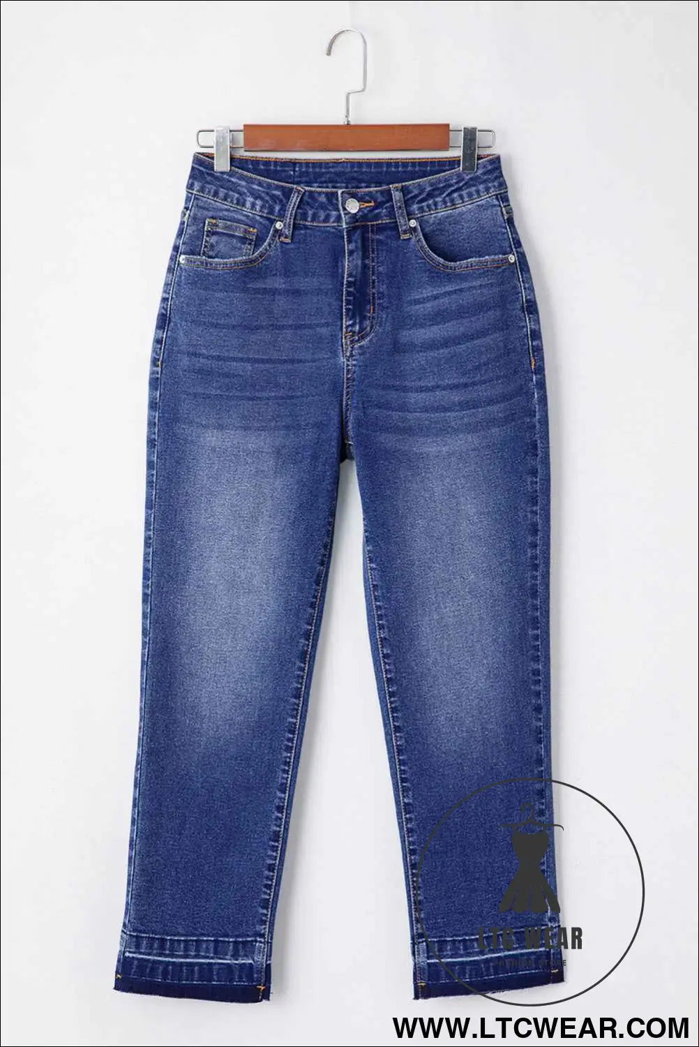 Dark Blue Whiskered Wash Raw Hem Cropped Jeans