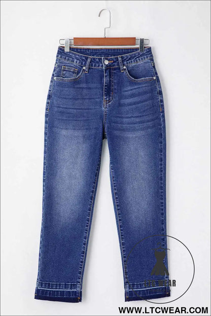 Dark Blue Whiskered Wash Raw Hem Cropped Jeans