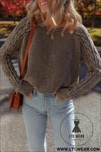 Dark brown cable knit raglan sleeve casual sweater - dark brown / l / 100% cotton - sweaters