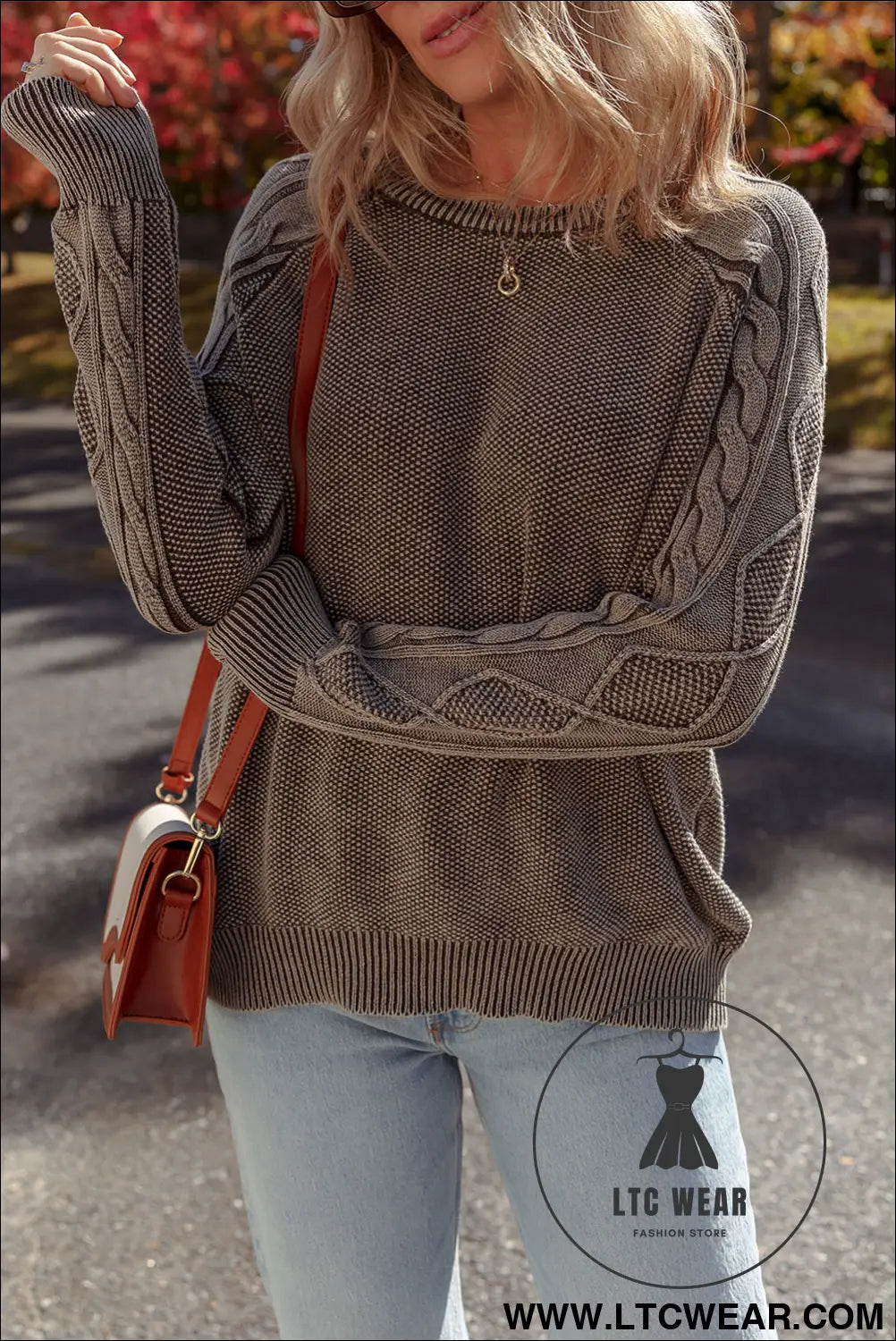 Dark brown cable knit raglan sleeve casual sweater - sweaters