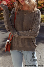 Dark brown cable knit raglan sleeve casual sweater - sweaters