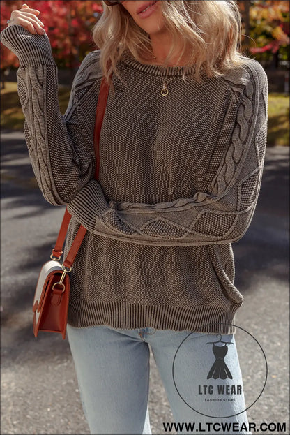 Dark brown cable knit raglan sleeve casual sweater - sweaters