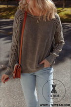 Dark brown cable knit raglan sleeve casual sweater - sweaters