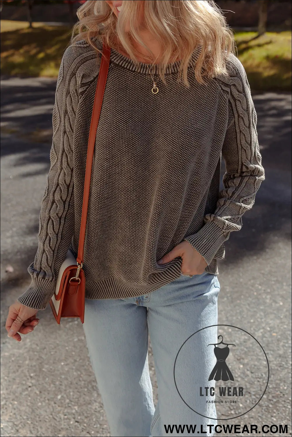 Dark brown cable knit raglan sleeve casual sweater - sweaters