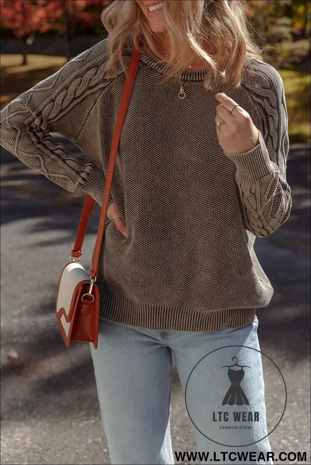 Dark brown cable knit raglan sleeve casual sweater - sweaters