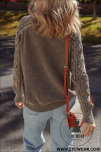 Dark brown cable knit raglan sleeve casual sweater - sweaters