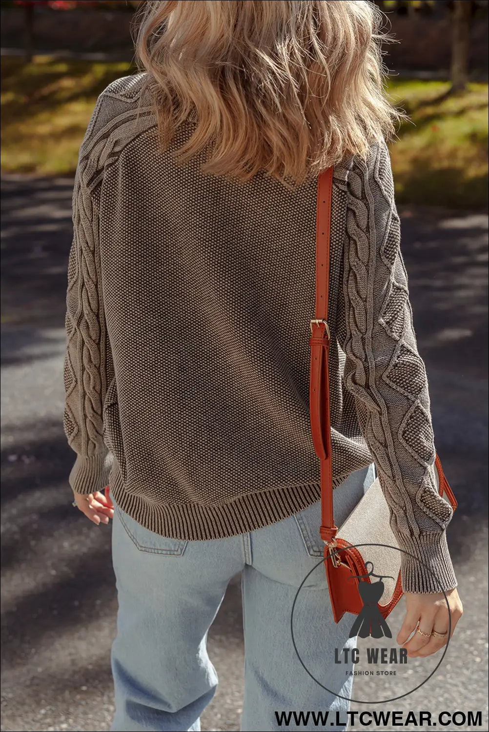 Dark brown cable knit raglan sleeve casual sweater - sweaters