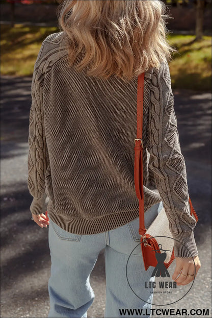 Dark brown cable knit raglan sleeve casual sweater - sweaters