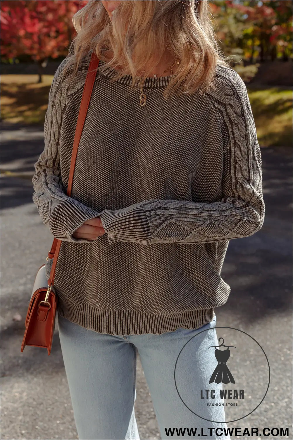 Dark brown cable knit raglan sleeve casual sweater - sweaters