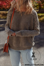 Dark brown cable knit raglan sleeve casual sweater - sweaters