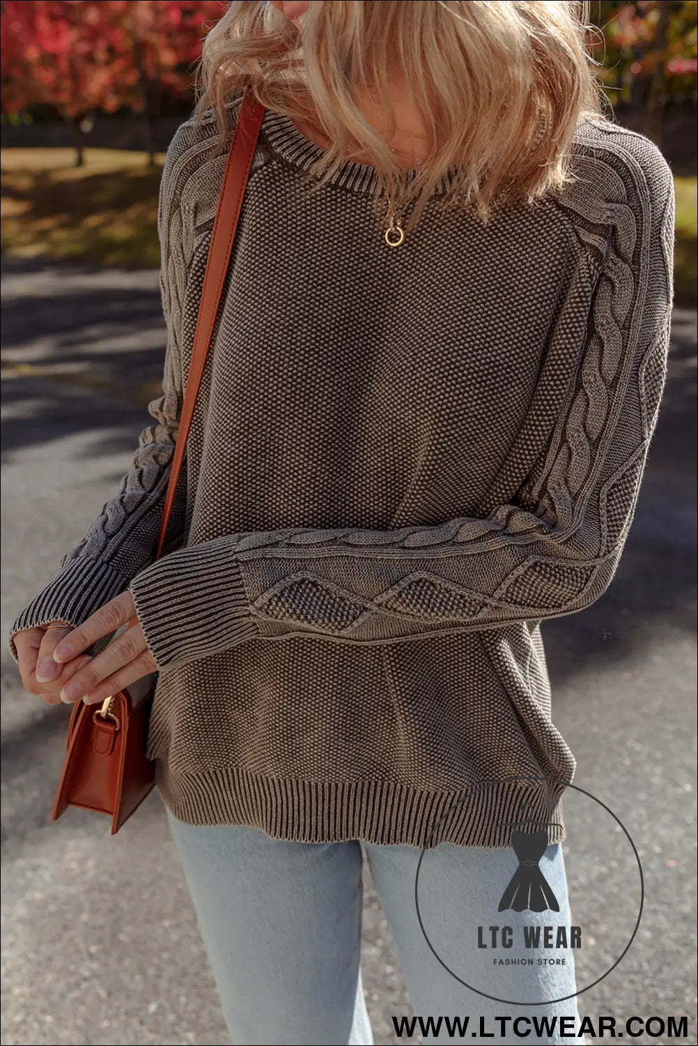 Dark brown cable knit raglan sleeve casual sweater - sweaters