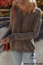 Dark brown cable knit raglan sleeve casual sweater - sweaters