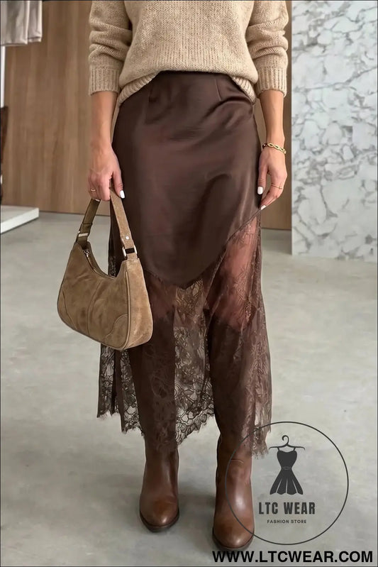 Dark Brown Lace Patchwork Hem Long Casual Shift Skirt