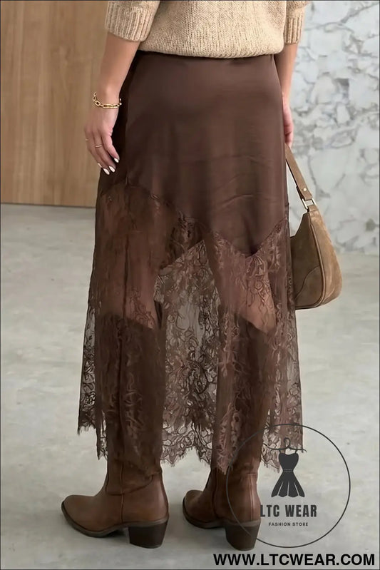Dark Brown Lace Patchwork Hem Long Casual Shift Skirt