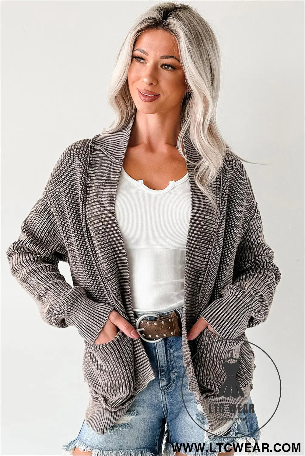 Dark brown mineral wash exposed seam patchwork knit cardigan - cardigans
