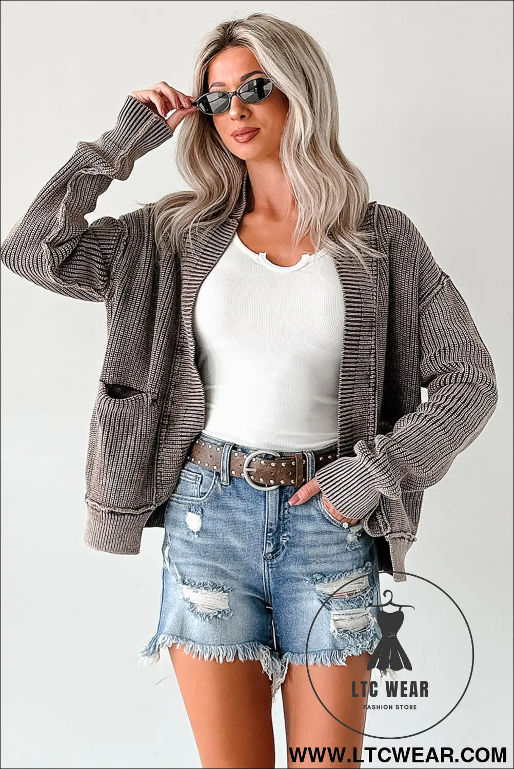 Dark brown mineral wash exposed seam patchwork knit cardigan - cardigans