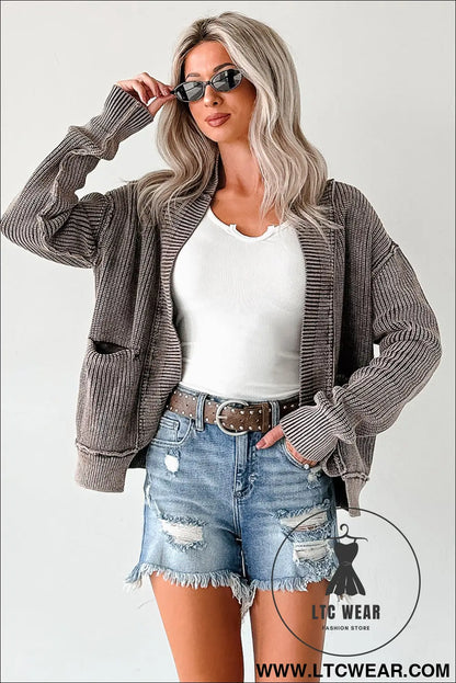 Dark brown mineral wash exposed seam patchwork knit cardigan - cardigans