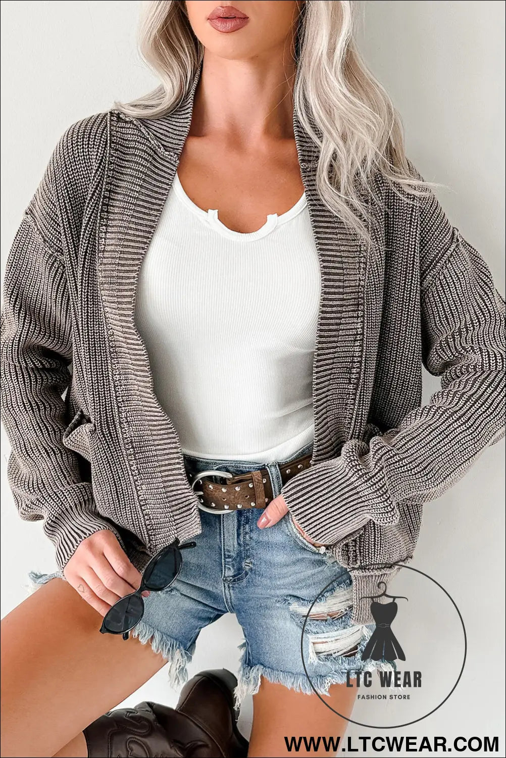 Dark brown mineral wash exposed seam patchwork knit cardigan - dark brown / l / 100% cotton - cardigans