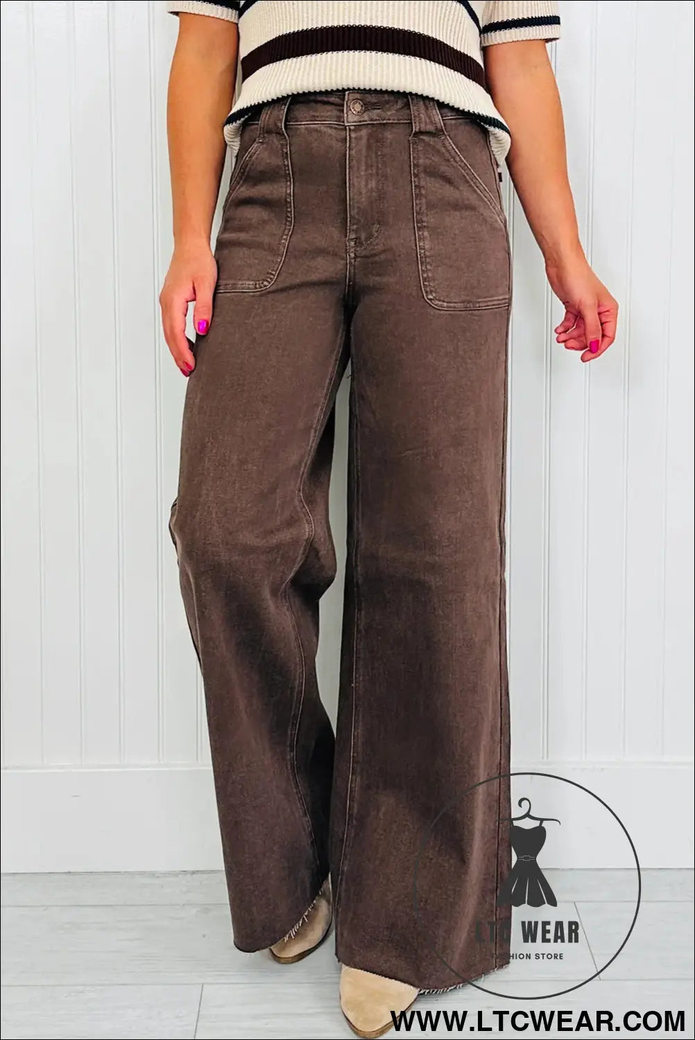 Dark brown retro washed patch pocket loose jeans - dark brown / 10 / 50% cotton + 26% polyester + 22% lyocell + 2%