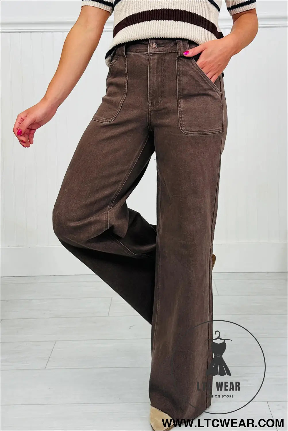 Dark brown retro washed patch pocket loose jeans - jeans