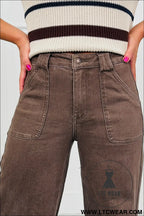Dark brown retro washed patch pocket loose jeans - jeans