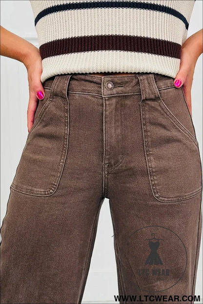 Dark brown retro washed patch pocket loose jeans - jeans