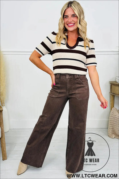 Dark brown retro washed patch pocket loose jeans - jeans
