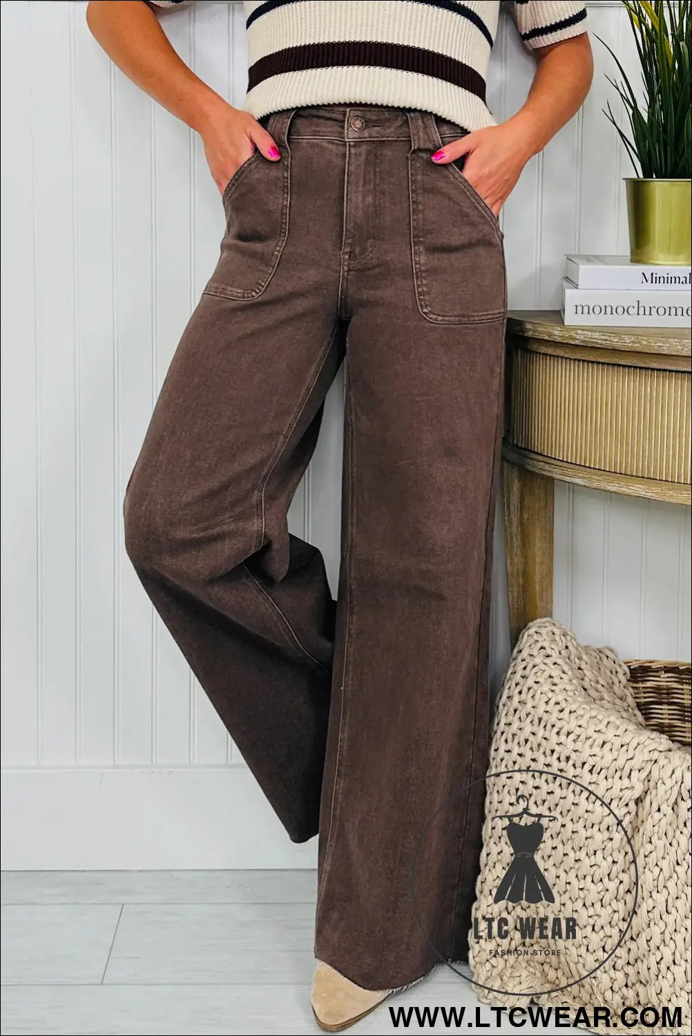 Dark brown retro washed patch pocket loose jeans - jeans