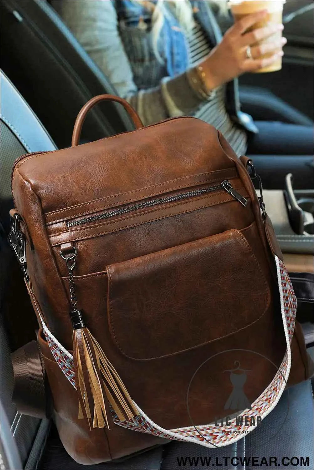 Dark Brown Tassel Decor Retro PU Large Capacity Backpack