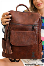 Dark brown tassel decor retro pu large capacity backpack - dark brown / one size / 95% pu + 5% alloy - backpacks